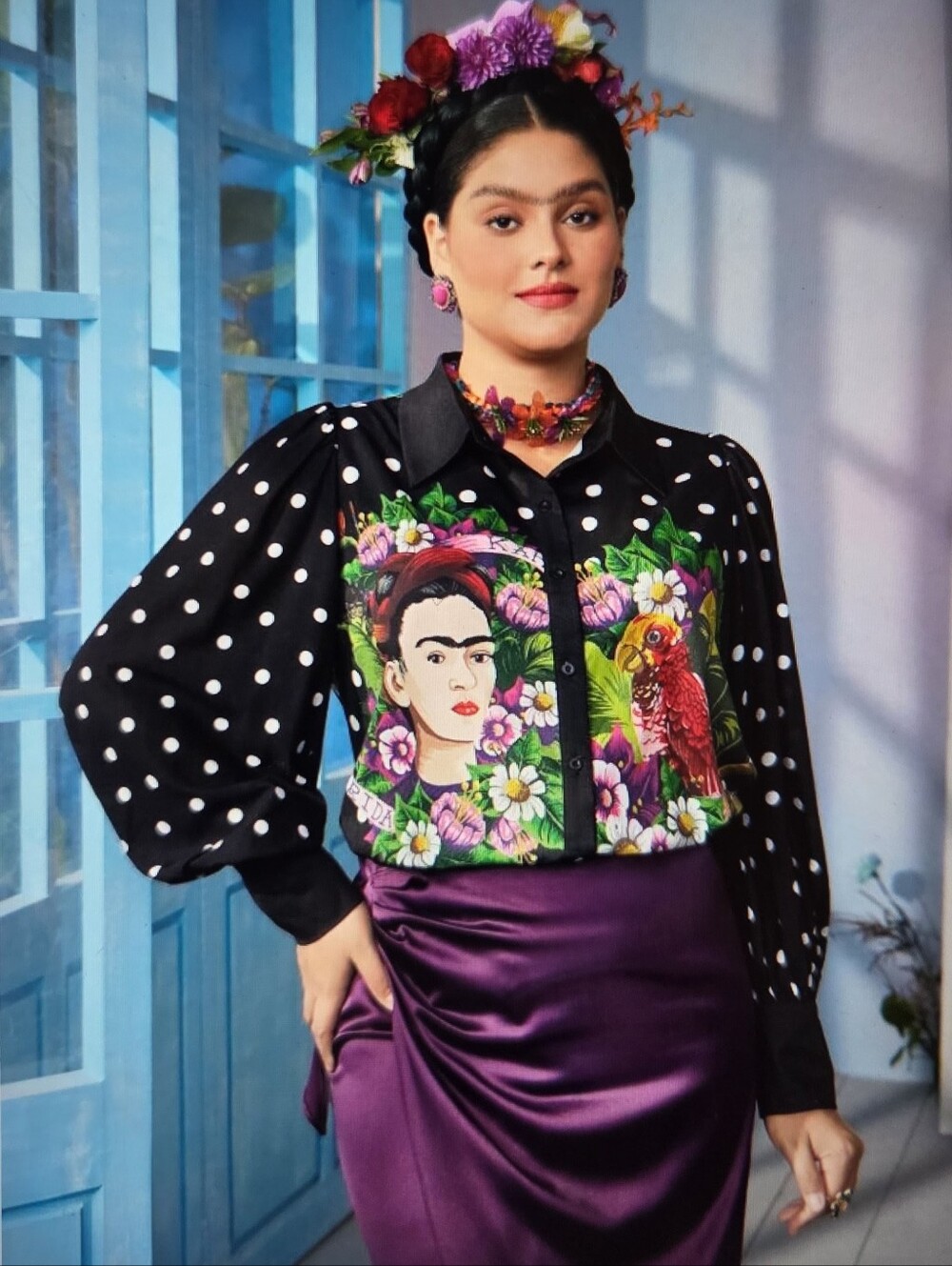 Frida Kahlo Black Polka Dot Blouse with Colorful Floral & Parrot Print, Size 3XL